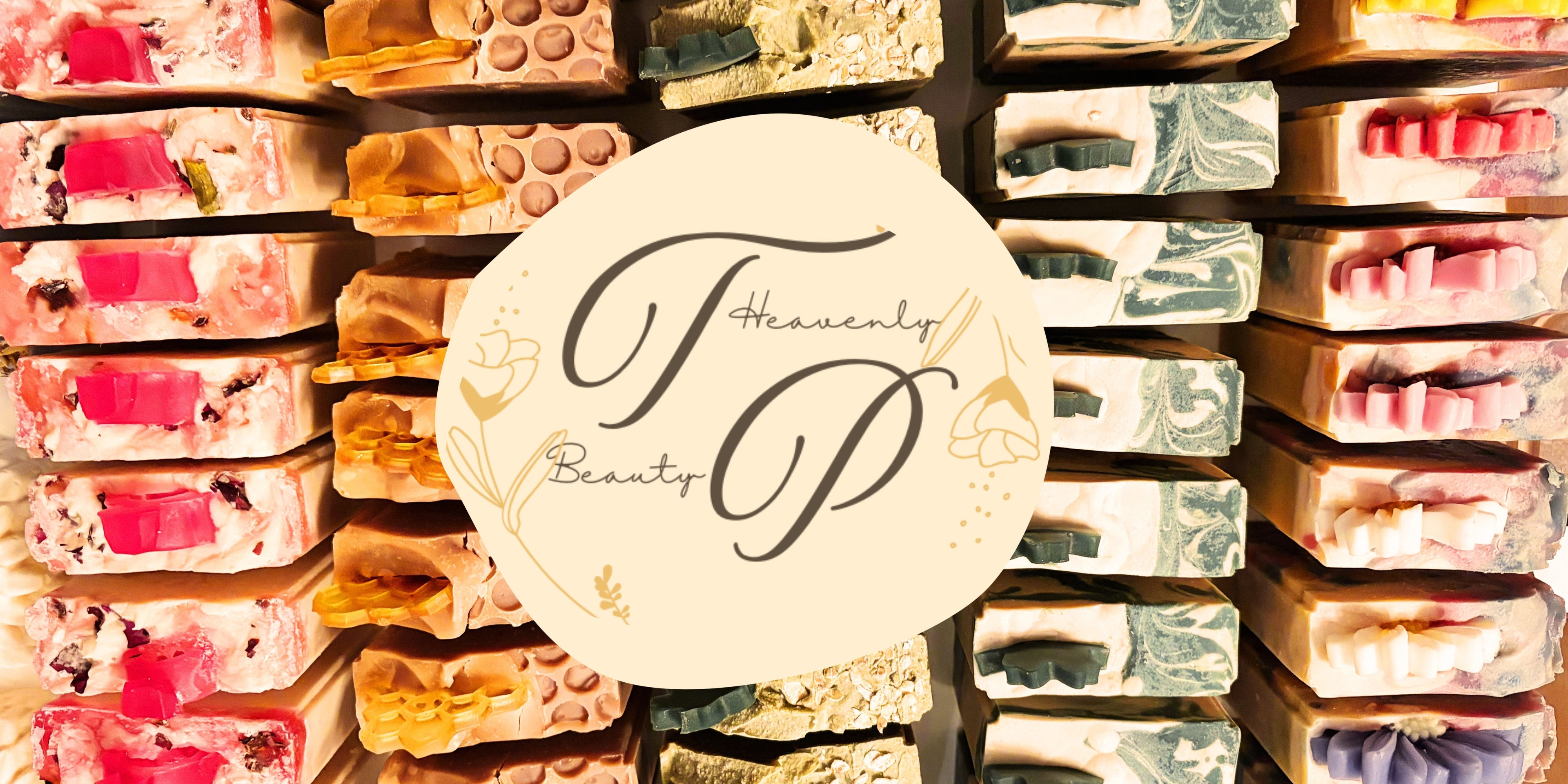 Colorful soap bars with 'Theavenly Beauty' logo in the center.